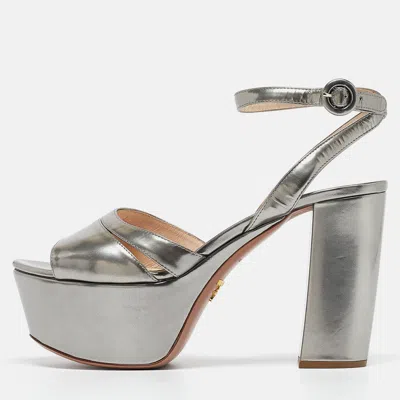 Pre-owned Prada Silver Patent Leather Ankle Strap Platform Sandals Size 39