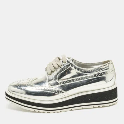 Pre-owned Prada Silver Patent Leather Derby Sneakers Size 37