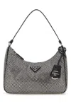 Prada Satin Shoulder Bag With Top Handle And Rhinestones In Gray