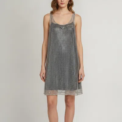 Pre-owned Prada Silver Rhinestone Embellished Mesh Mini Dress S