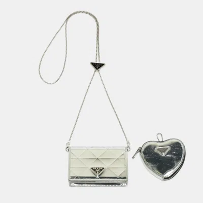 Pre-owned Prada Silver Spazzolato Triangle Leather Chain Clutch