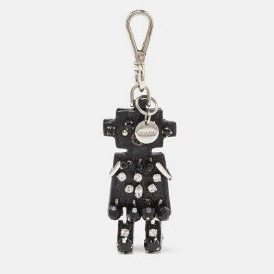 Prada Silver Tone Leather Robot Keychain Bag Charm In Black