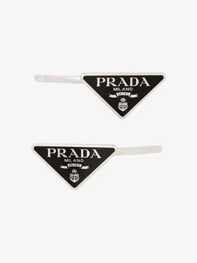 Prada Silver Tone Logo Triangle Hair Slides In Black