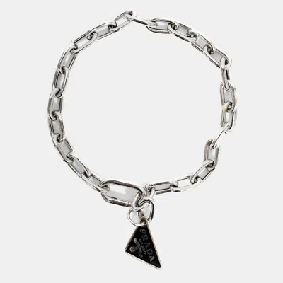Pre-owned Prada Silver Tone Triangle Logo Charm Bracelet
