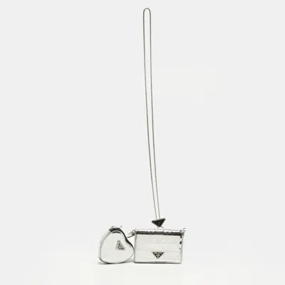 Pre-owned Prada Silver Triangle Embossed Leather Wallet On Chain