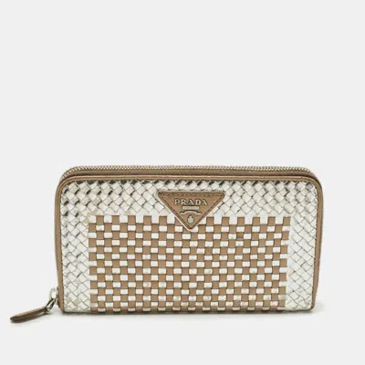 Pre-owned Prada Silver/gold Woven Madras Leather Zip Continental Wallet