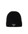 Prada Mens Blue Brand-plaque Cashmere And Wool-blend Beanie Hat In Black