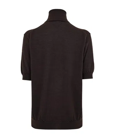 Prada Turtleneck Superfine Cashmere Short-sleeve Sweater In Brown