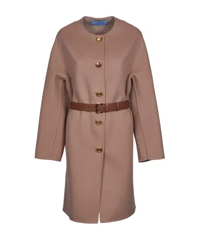 Prada Single-breasted Belted Coat In Brown