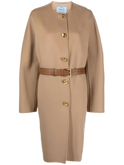 Prada Single-breasted Belted Coat In Neutral