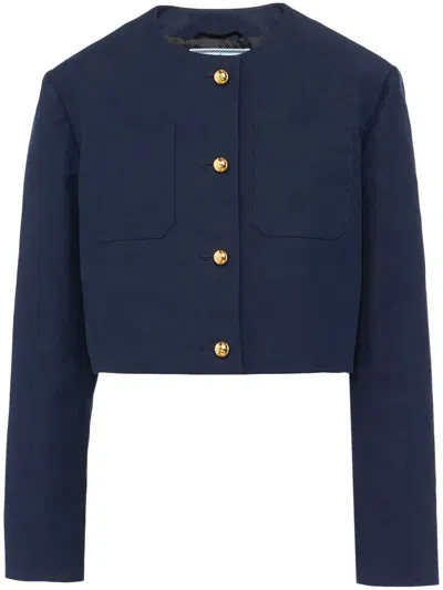 Prada Womens Blue Single-breasted Tricotine-weave Wool Jacket