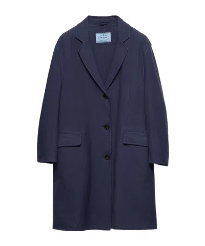 Prada Single-breasted Double Cotton Coat In Navy