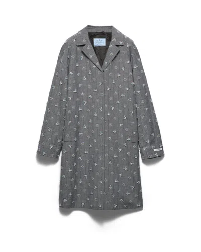 Prada Einreihiger Mantel Mit Gesticktem Nadelstreifenmuster In Gray