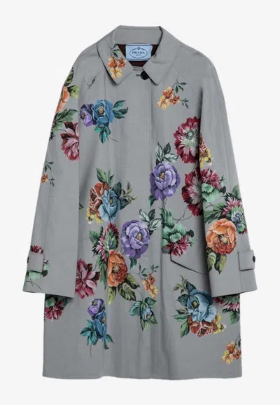 Prada Grey Single-breasted Coat In Printed Cotton Women In Silver