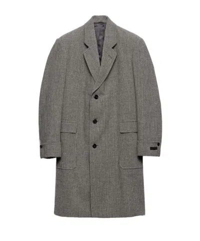 Prada Single-breasted Houndstooth Check Wool Coat In Gray