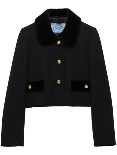 Prada Womens Black Natté Single-breasted Cropped Wool Jacket
