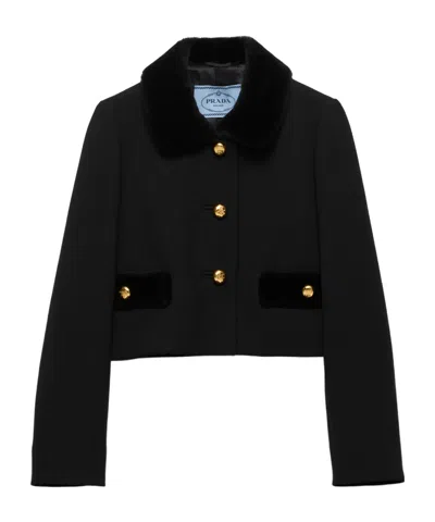 Prada Womens Black Natté Single-breasted Cropped Wool Jacket