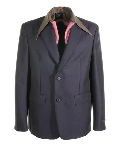 Prada Single-breasted Jacket In Blue Mohair Wool In Black