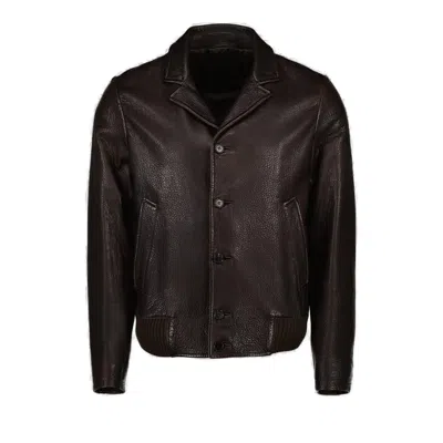 Prada Single Breasted Leather Jacket In Brown
