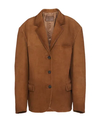 Prada Single-breasted Leather Jacket In Brown