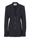 Prada Womens Blue Single-breasted Belted-waist Wool-blend Blazer In Light Beige