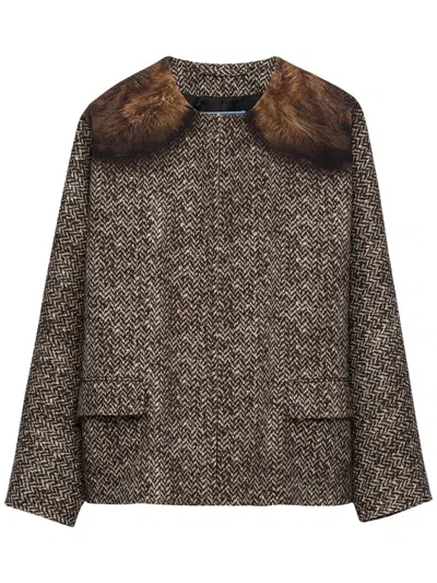 Prada Einreihige Cabanjacke Aus Bedrucktem Drillich In Ebenholz