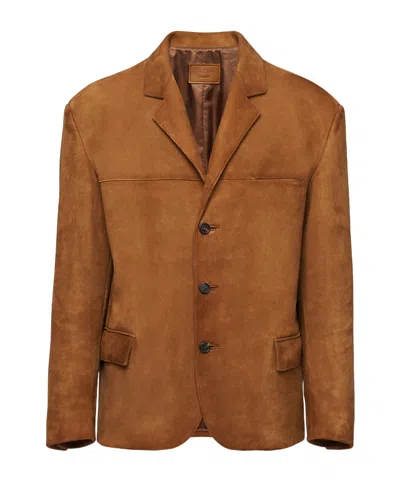 Prada Single-breasted Suede Blazer In Brown