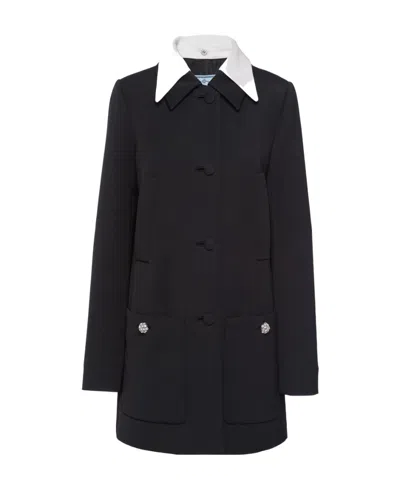 Prada Singled-breasted Wool Sateen Coat With Collar In Black