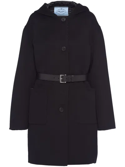 Prada Hooded Double-face Coat With Leather Belt In Black/gray