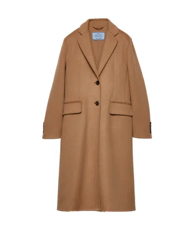 Prada Long Cashgora Single Breast Coat In Brown