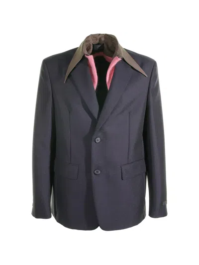Prada Single-breasted Jacket In Blue Mohair Wool In Black