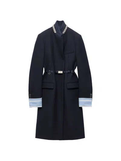 Prada Single-breasted Embroidered Double Wool Coat In Blue