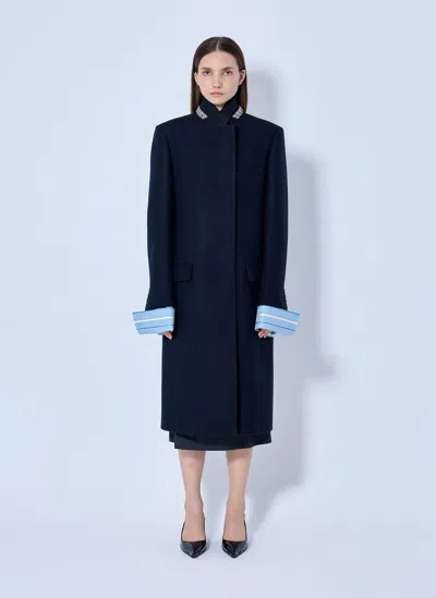 Prada Single-breasted Embroidered Double Wool Coat In Blue