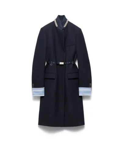 Prada Single-breasted Embroidered Double Wool Coat In Navy
