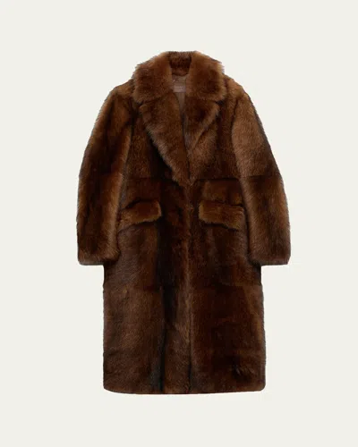 Prada Single-breasted Lamb Shearling Long Coat In Brown