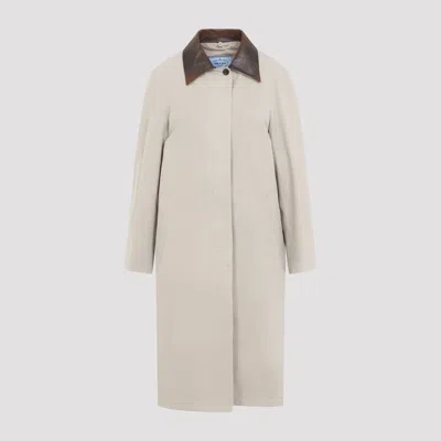 Prada Single-breasted Long Coat With Leather Collar In Neutral