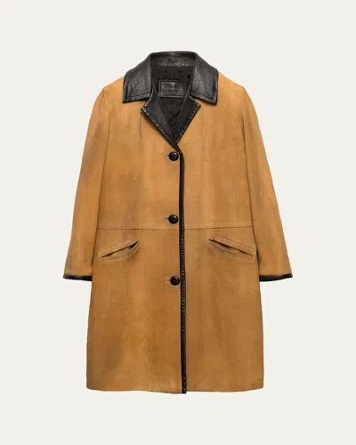 Prada Single-breasted Suede Coat With Leather Trim In Brown