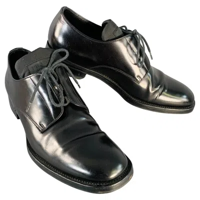 Pre-owned Prada Size 10 Black Leather Nylon Derby Lace-up Shoes