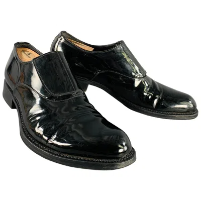 Pre-owned Prada Size 10 Black Patent Leather Hook Loop Loafers