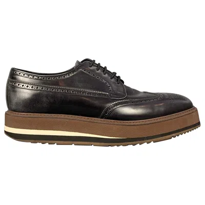 Pre-owned Prada Size 10.5 Black & Brown Perforated Leather Platform Lace Up Shoes
