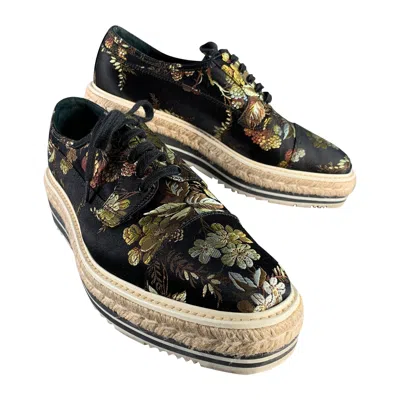 Pre-owned Prada Size 11 Black Multi-color Jacquard Floral Platform Laces