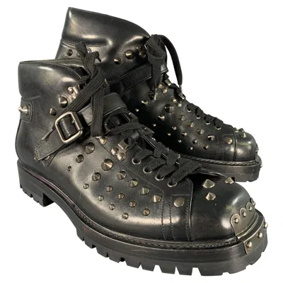 Pre-owned Prada Size 12 Black Studded Leather Ankle Boots