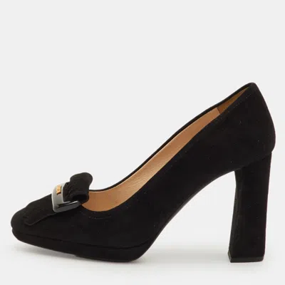 Pre-owned Prada Size 35 Black Suede Fringe Block Heel Pumps