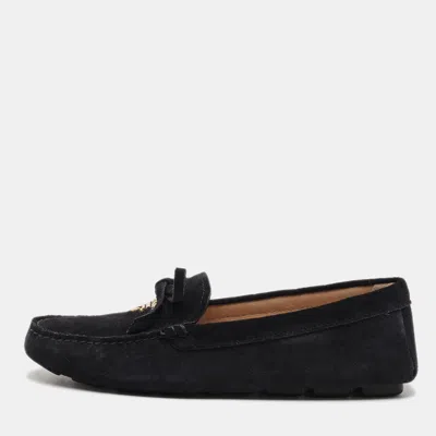Pre-owned Prada Size 35 Navy Blue Suede Bow Slip On Loafers