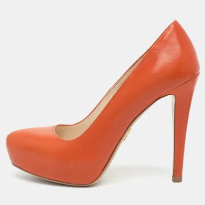 Pre-owned Prada Size 35 Orange Leather Platform Pumps