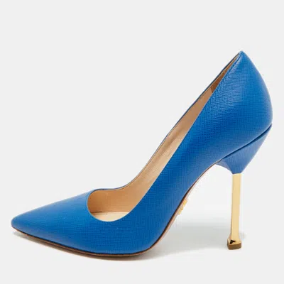 Pre-owned Prada Size 35.5 Blue Saffiano Leather Pointed Toe Pumps