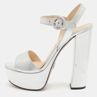 Pre-owned Prada Size 35.5 Silver Leather Platform Ankle Strap Sandals