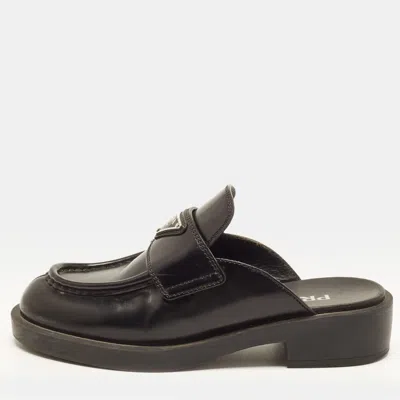 Pre-owned Prada Size 36 Black Leather Triangle Logo Loafers Mules