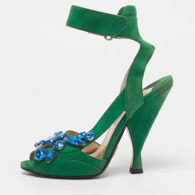 Pre-owned Prada Size 36 Green Suede Crystal Embellished Ankle Strap Sandals