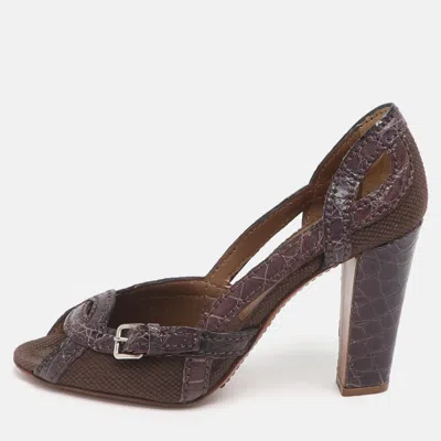 Pre-owned Prada Size 36 Purple Canvas And Croc Embossed Leather Peep Toe Pumps